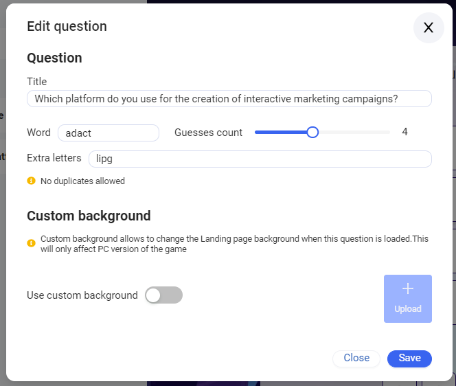 Question and background editing options