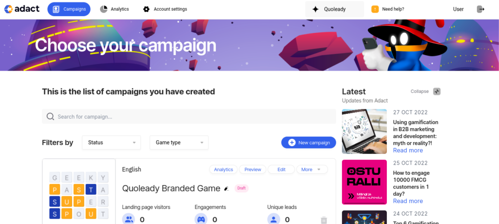 Gamification campaign software Adact campaign adding